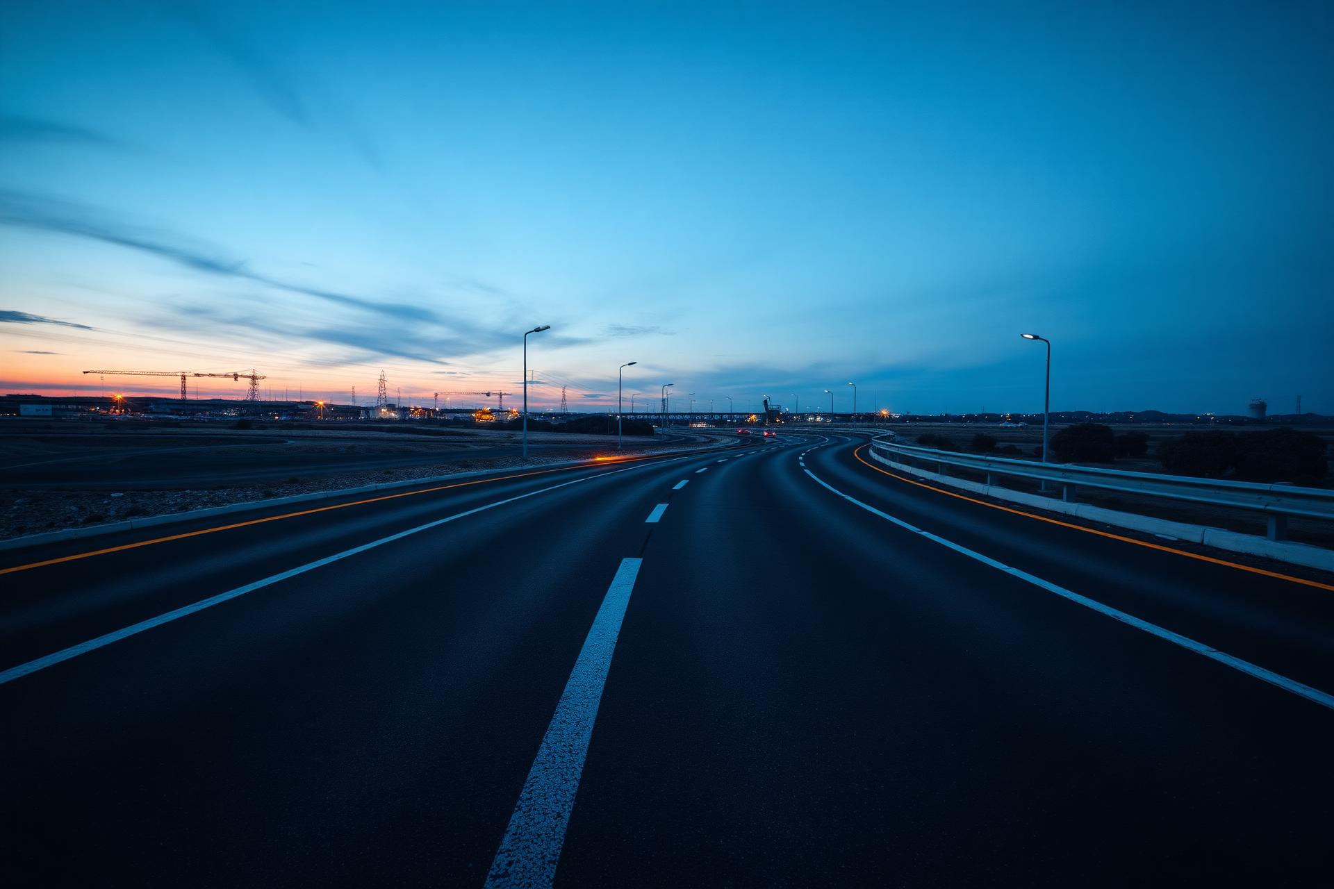 Freshly paved asphalt highway at blue hour